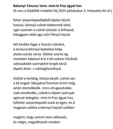 Gödöllői Irodalmi Díj 2025, vers kategória, 3. helyezés, mint ki friss ágyat húz